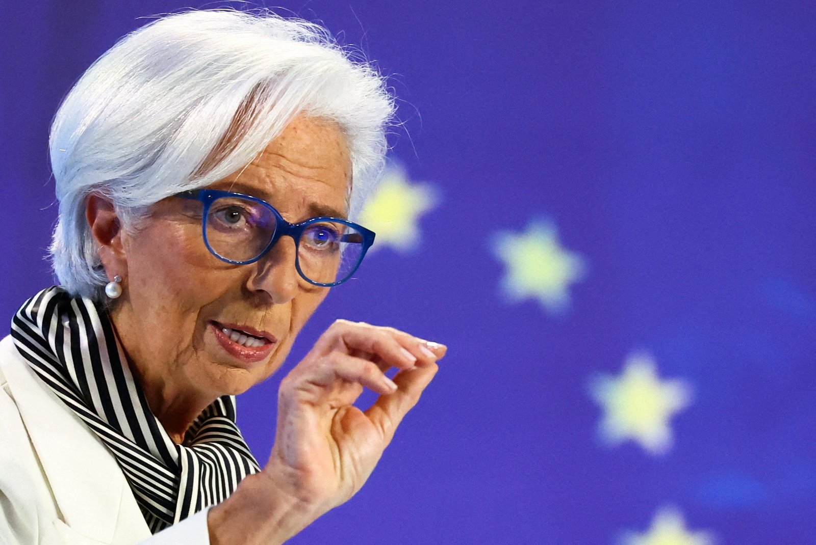 FILE PHOTO: ECB’s President Christine Lagarde speaks to reporters following monetary policy meeting in Frankfurt